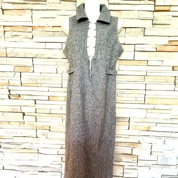 Grey Wool Midi Dress w/ White Lace-up Front Detail & a Back Slit Below the Knee - Picture 1 of 16